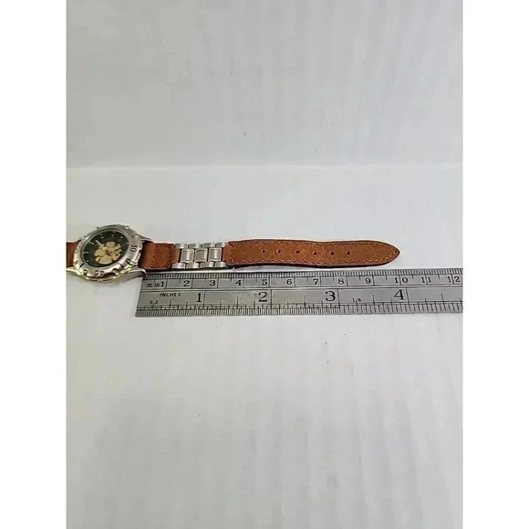 Womens LA Express Skeleton Gold Silver Tone Watch Leather Metal Band New Battery - Picture 7 of 8